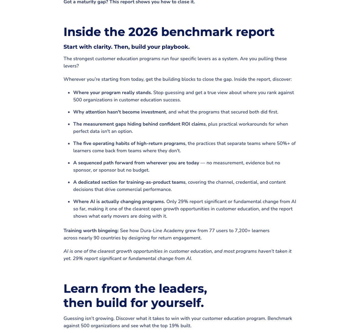 Absorb 2026 顧客教育ベンチマークの測定ギャップ、運用習慣、AI、Dura-Line拡大項目―顧客教育の成果を支える運用根拠画面