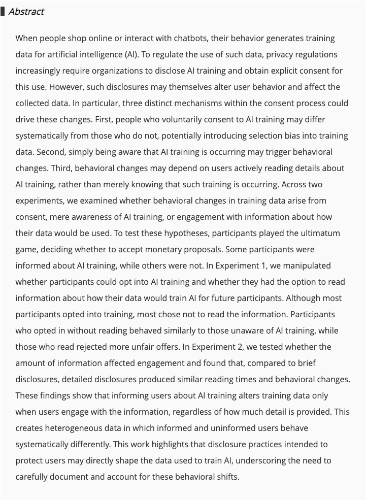 AI 학습데이터 동의 — AI 학습 설명을 실제로 읽은 참가자에게 행동 변화가 나타났다는 FAccT 2026 논문 초록