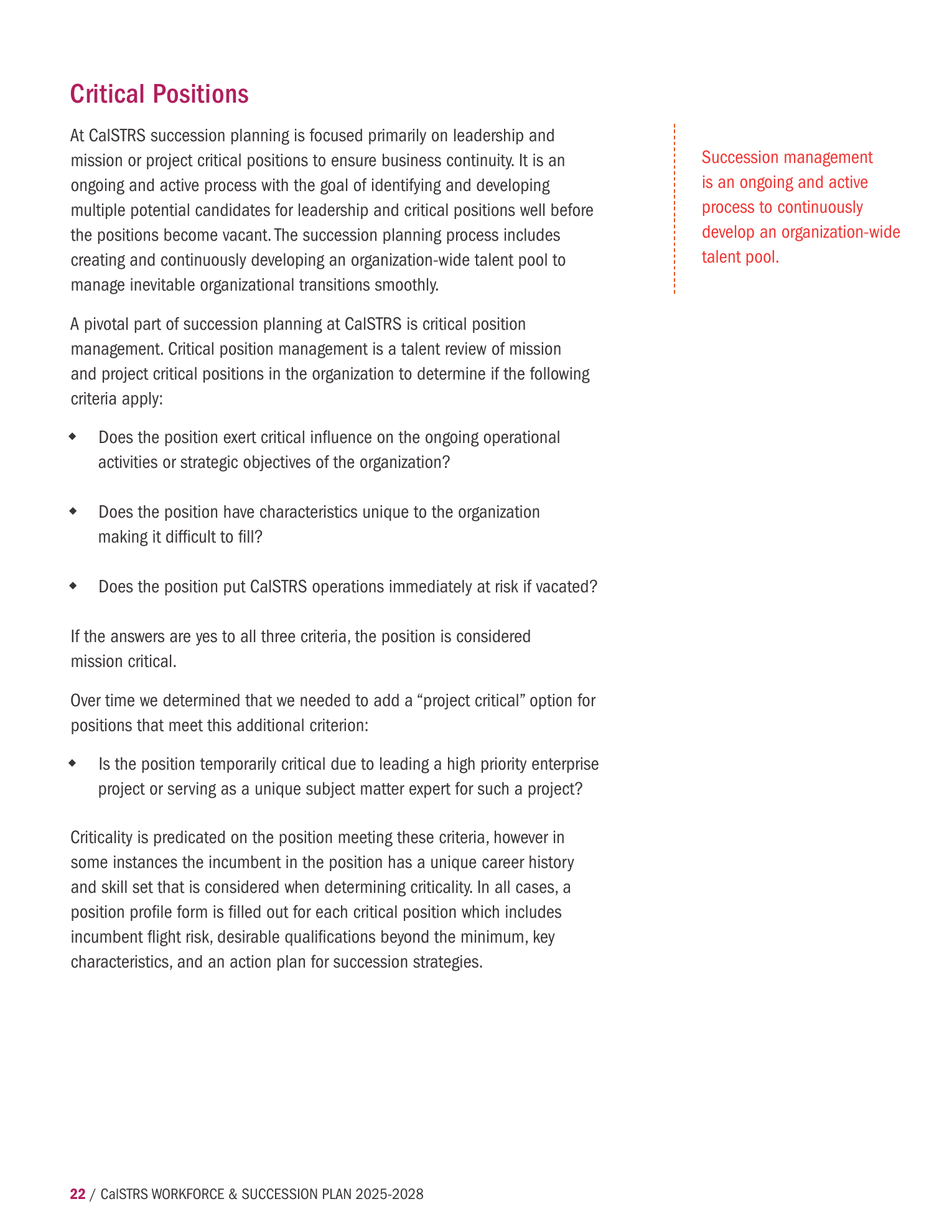 CalSTRS Workforce and Succession Plan 2025-2028의 핵심직무 판정 기준 — 지식전수 시스템 근거 도표