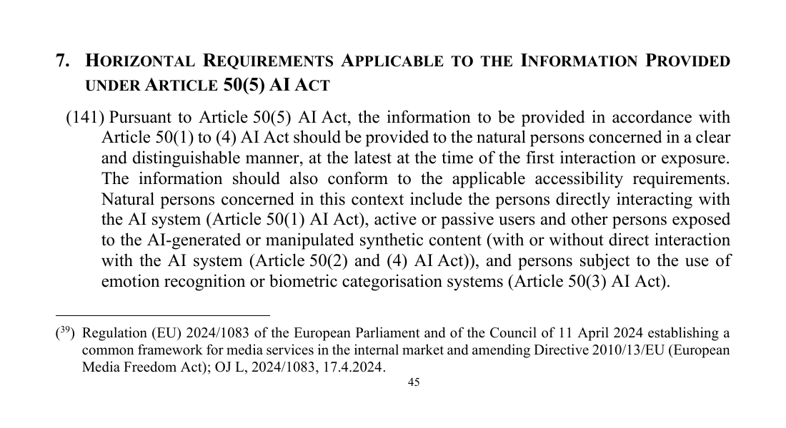 AI学習データの同意――EU AI Act Article 50の情報を明確かつ識別可能な形で最初の対話または接触時に示すとしたparagraph 141