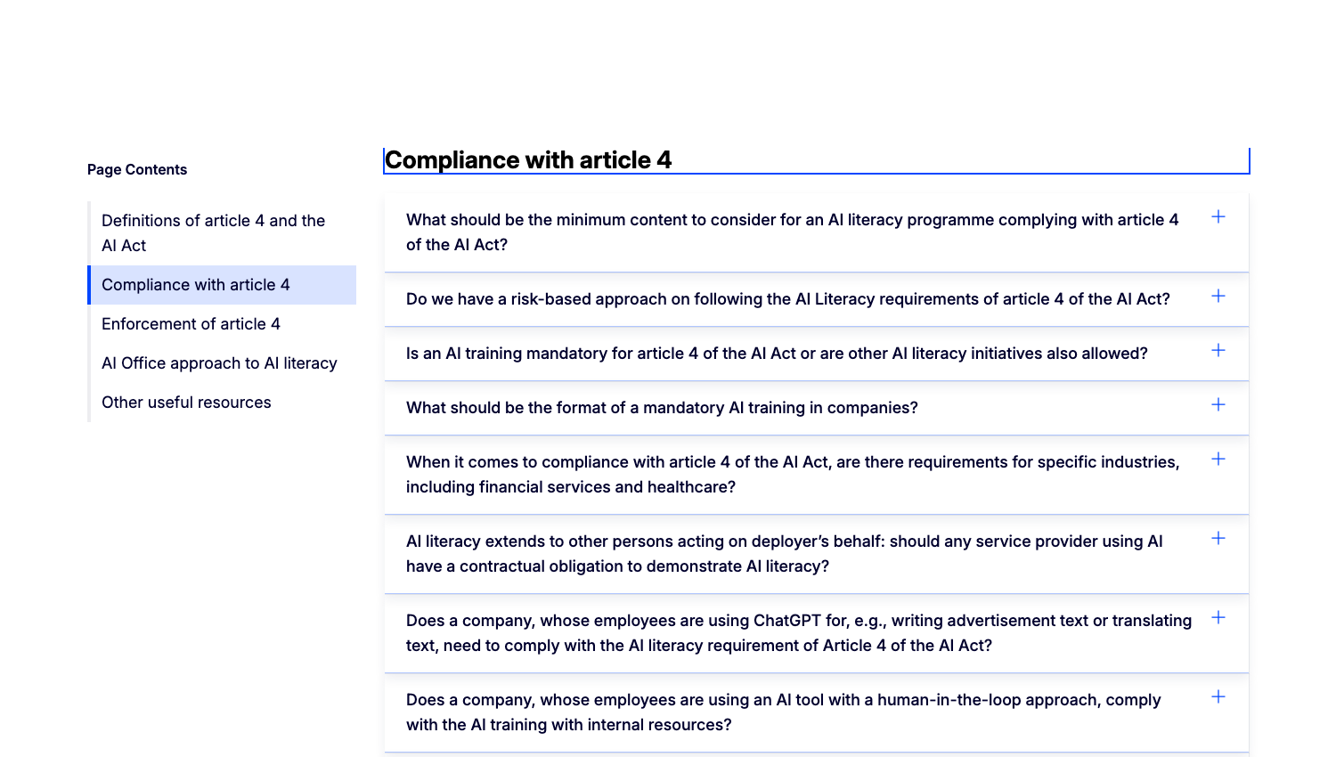 EU AI Act AI 리터러시 Article 4 준수 Q&A 화면 — 위험 기반 교육 질문