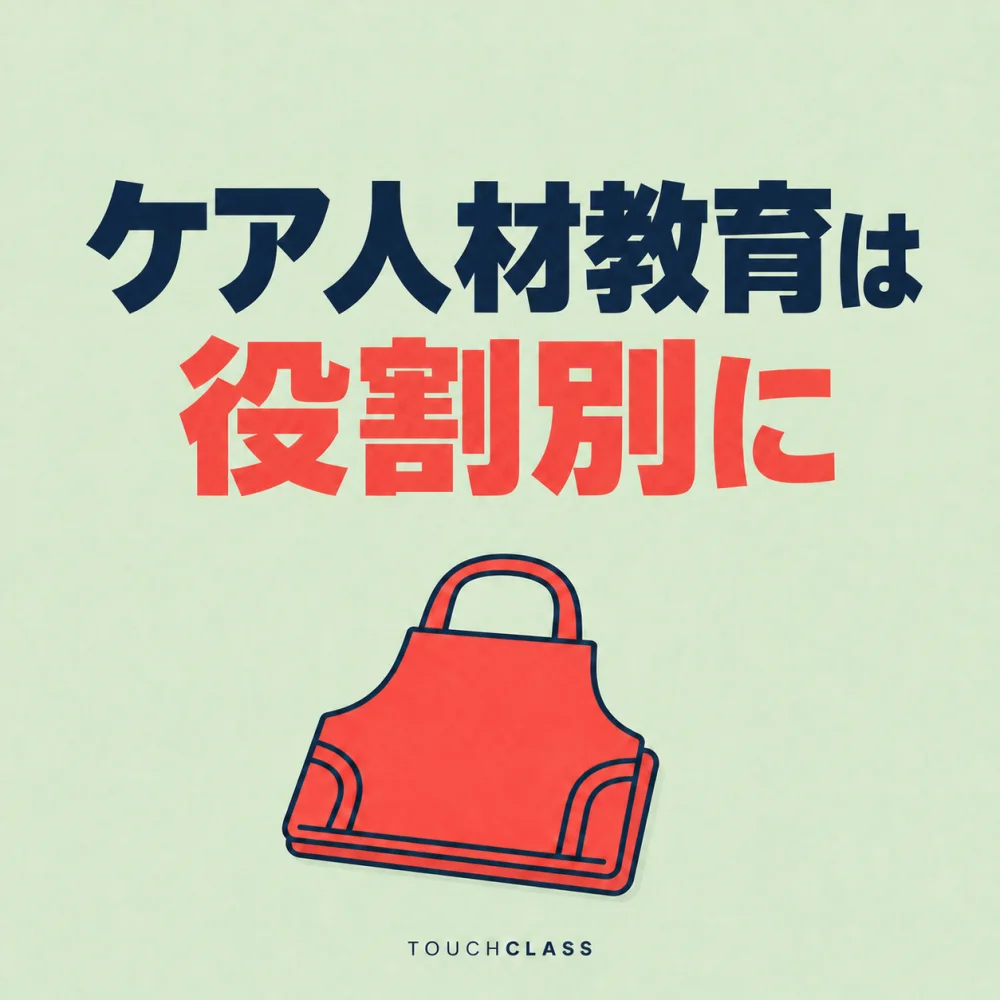 「ケア人材教育は役割別に」という日本語見出しとコーラル色のエプロンを配した介護人材育成のアイキャッチ画像