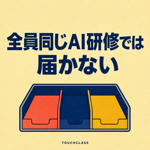 「全員同じAI研修では届かない」という見出しと、三つの学習経路を示すフラットな3仕切りの書類トレー一つを配したアイキャッチ画像