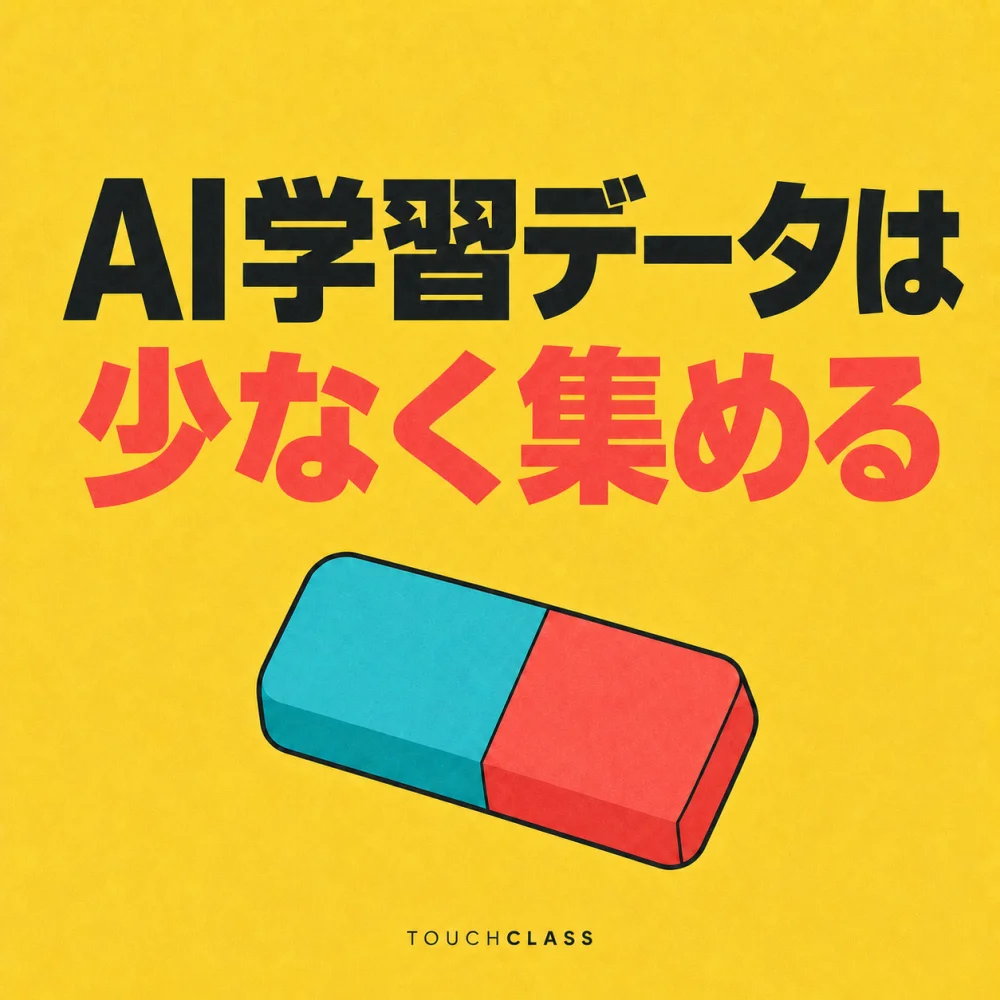 「AI学習データは少なく集める」という日本語見出しと2色の消しゴムを配したデータ最小化のアイキャッチ画像