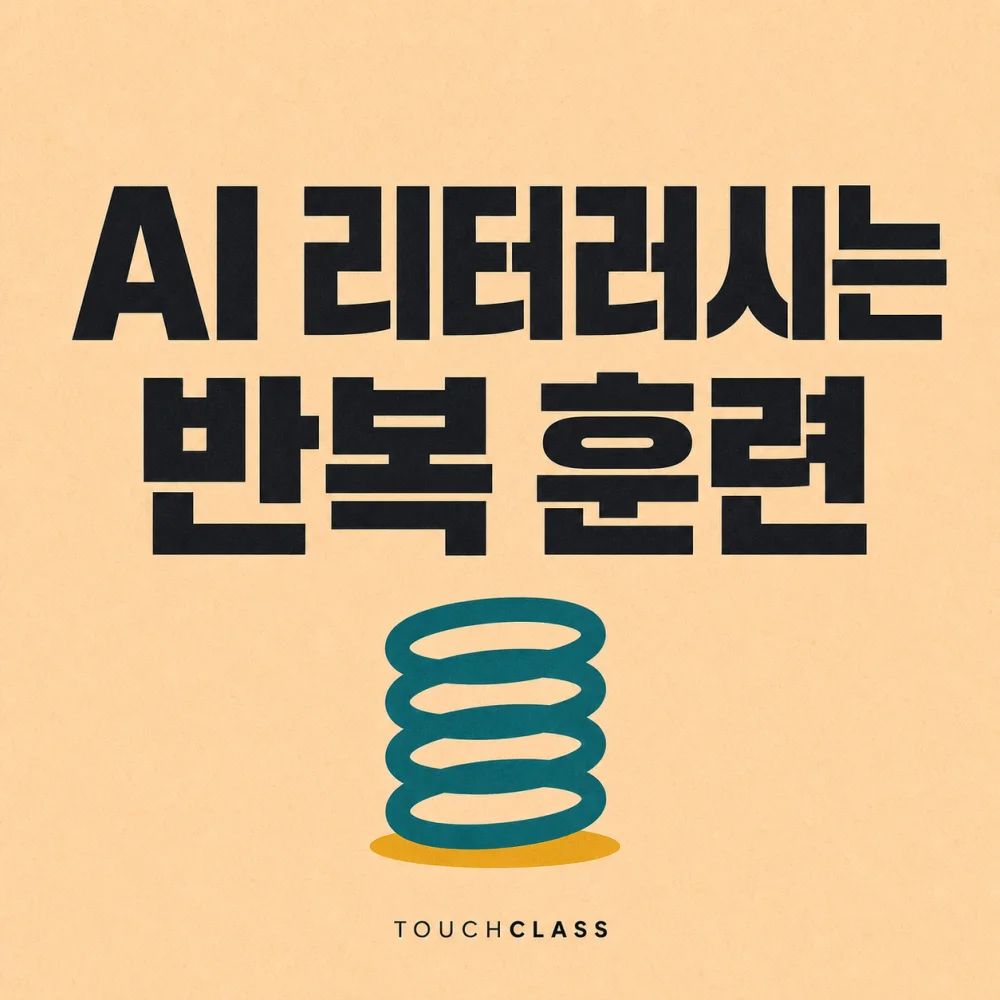 연복숭아색 종이 질감 배경에 AI 리터러시는 반복 훈련이라는 제목과 청록색 스프링을 표현한 대표 이미지