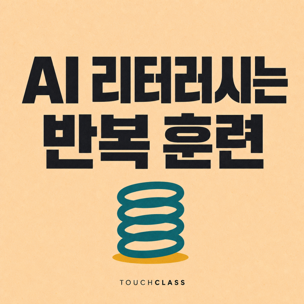 연복숭아색 종이 질감 배경에 AI 리터러시는 반복 훈련이라는 제목과 청록색 스프링을 표현한 대표 이미지