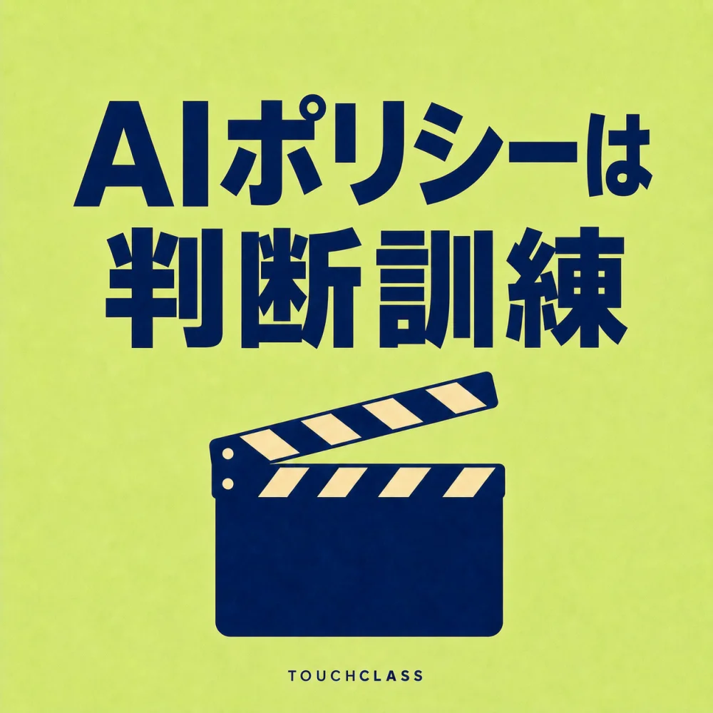 「AIポリシーは判断訓練」という見出しと、シナリオリハーサルを示す無地のフラットなクラッパーボード一つを配したAIポリシー研修のアイキャッチ画像