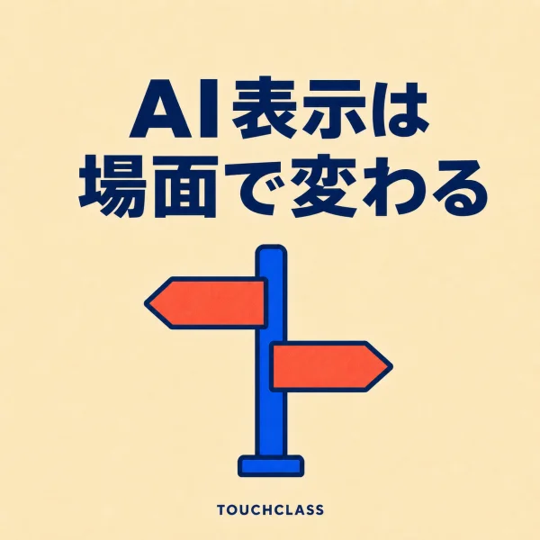 「AI表示は場面で変わる」という見出しと、表示判断の分岐を示すフラットな道標一つを配したアイキャッチ画像