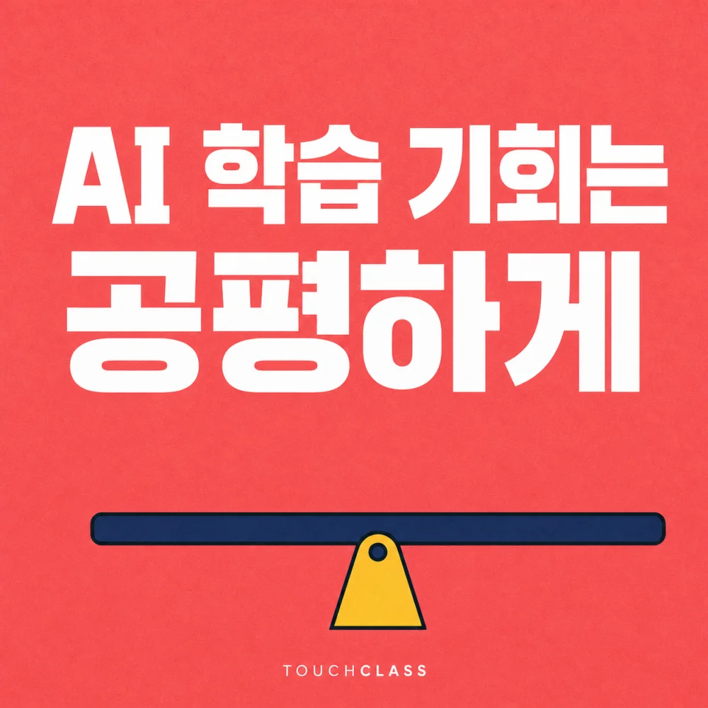 수평 시소 하나로 AI 학습 기회의 공정한 배분을 표현한 평면 포스터 — AI 업스킬링 성별 격차 대표 이미지