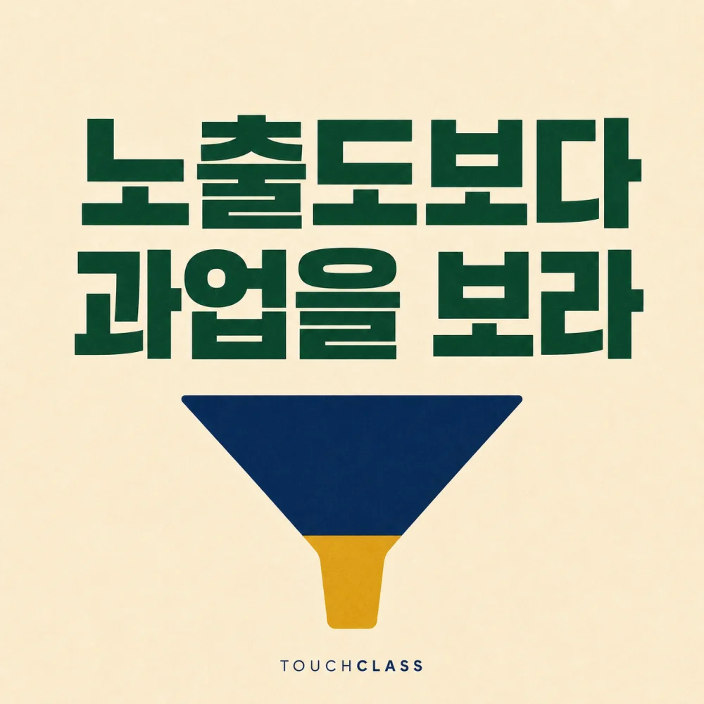 ‘노출도보다 과업을 보라’라는 헤드라인과 교육 우선순위를 좁히는 하나의 평면 필터를 배치한 아세안 AI 교육 대표 이미지