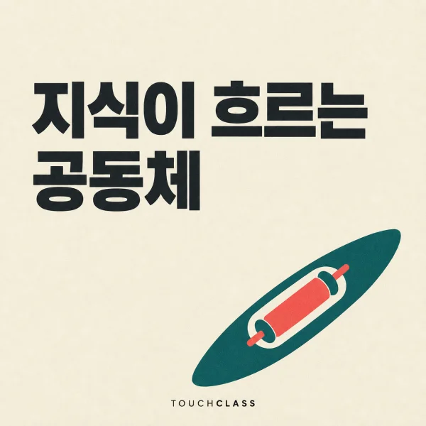 ‘지식이 흐르는 공동체’라는 헤드라인과 지식의 왕복·연결을 상징하는 평면 직조용 북 한 개를 배치한 실천공동체 운영 대표 이미지