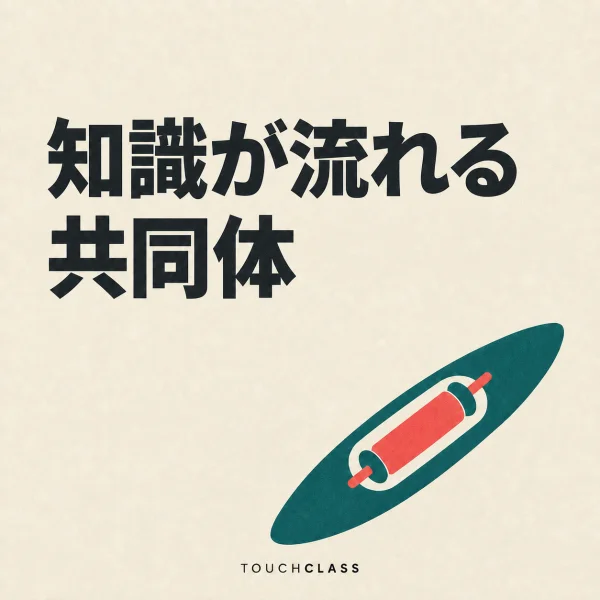 「知識が流れる共同体」という見出しと、知識の往復と接続を象徴するフラットな織りシャトル一つを配した実践共同体運営のアイキャッチ画像
