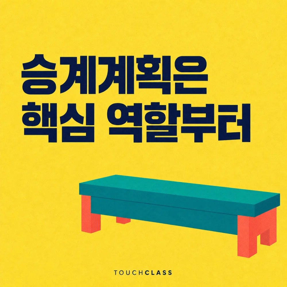 노란색 배경에 ‘승계계획은 핵심 역할부터’ 제목과 승계 후보군의 벤치 강도를 상징하는 빈 청록색 벤치를 배치한 대표 이미지