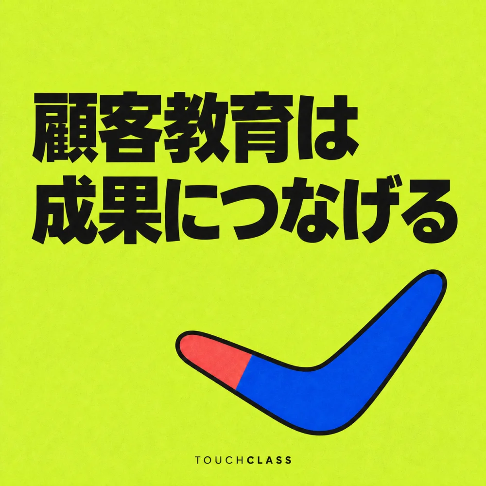 一つのブーメランで顧客教育が定着と継続成果につながることを表すフラットポスター — 顧客教育成果のアイキャッチ画像