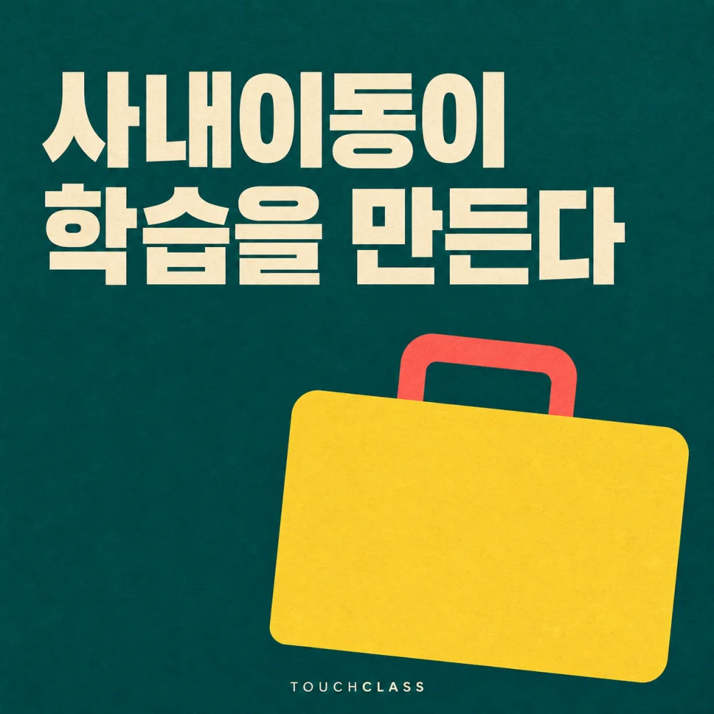 짙은 청록색 배경에 ‘사내이동이 학습을 만든다’ 제목과 이동을 상징하는 노란색 서류가방을 배치한 대표 이미지