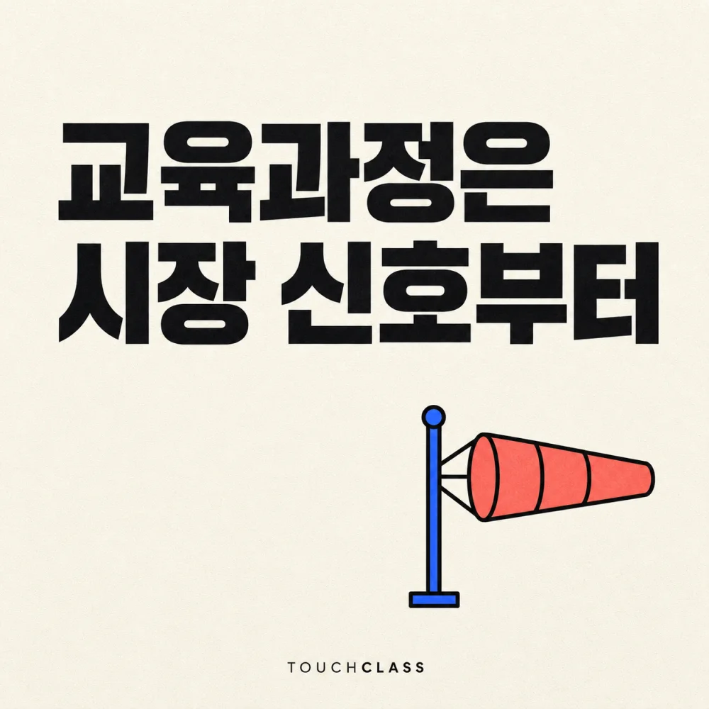 바람자루 하나로 노동시장 변화 신호를 먼저 읽는 교육과정 기획을 표현한 평면 포스터 — 교육과정 기획 대표 이미지