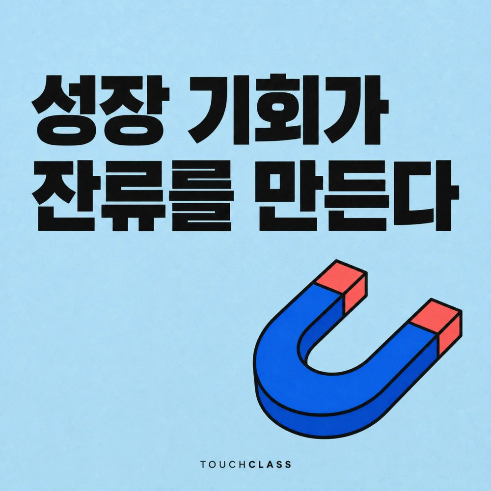 말굽자석 하나로 성장 기회가 직원을 조직에 남게 하는 잔류 신호임을 표현한 평면 포스터 — 직원 유지 전략 대표 이미지