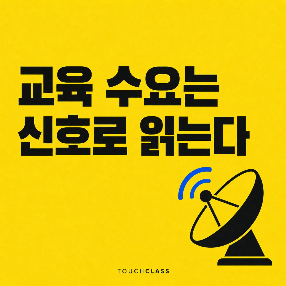 레이더 접시가 업무 신호를 받는 평면 타이포그래피 포스터 — 교육 니즈 조사 대표 이미지