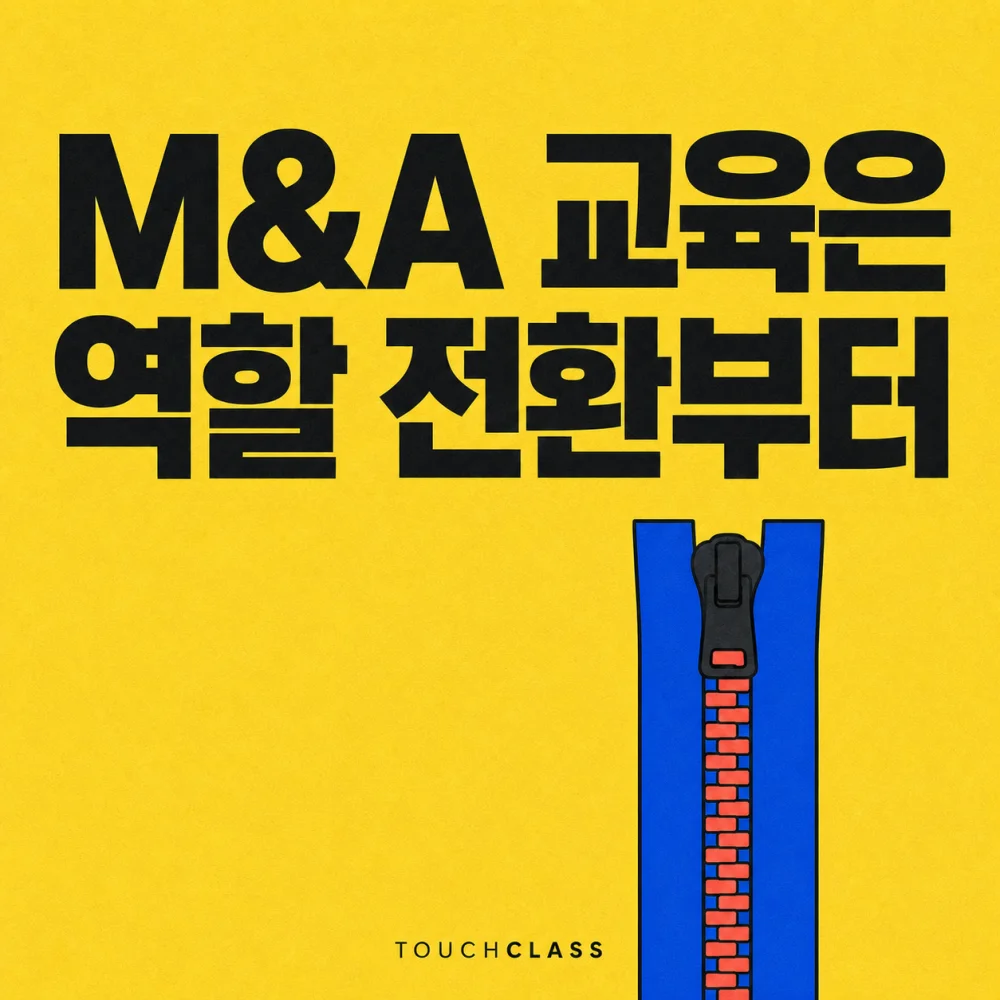 닫힌 지퍼 하나로 M&A 통합과 역할 전환을 표현한 평면 포스터 — M&A 통합 교육 대표 이미지