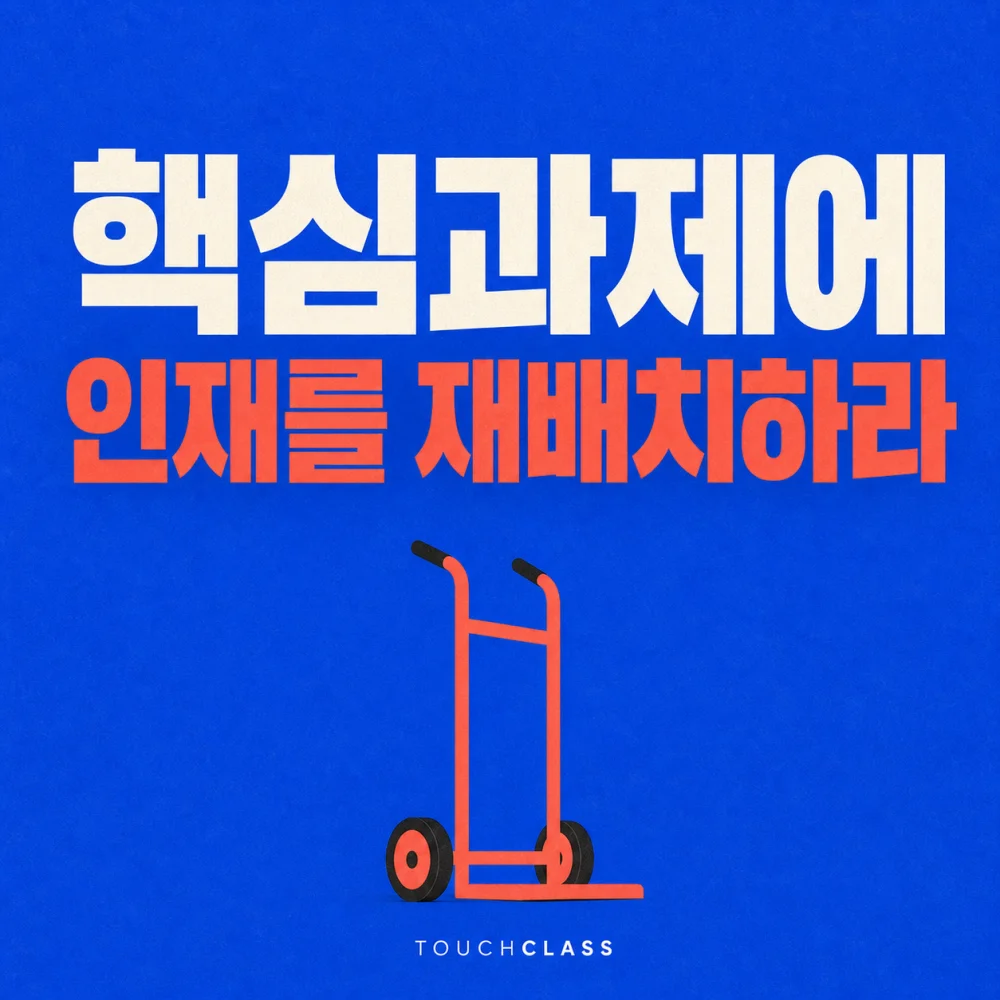 핵심과제에 인재를 재배치하라 문구와 비어 있는 코럴색 손수레를 배치한 대표 이미지