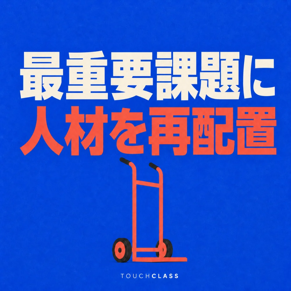 「最重要課題に人材を再配置」という日本語見出しと空のコーラル色の台車を配した人材再配置のアイキャッチ画像