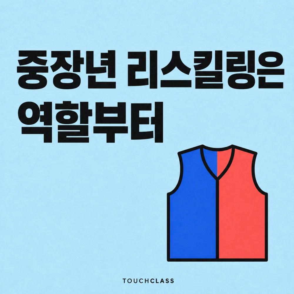 양면 작업 조끼 하나로 중장년 리스킬링의 역할 재설계를 표현한 평면 포스터 — 중장년 리스킬링 대표 이미지