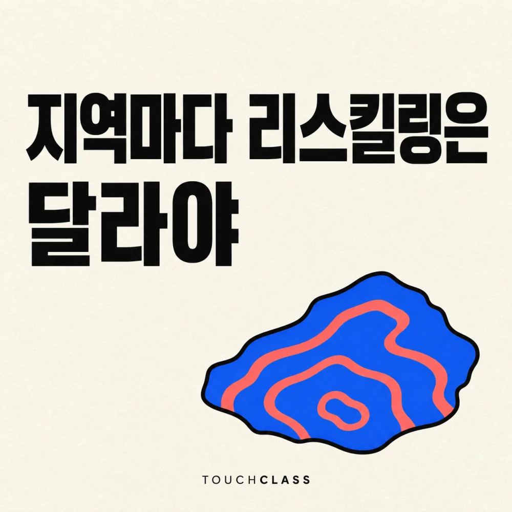 하나의 등고선 지형 조각으로 지역별 조건에 맞춘 리스킬링을 표현한 평면 포스터 — 다사업장 리스킬링 대표 이미지