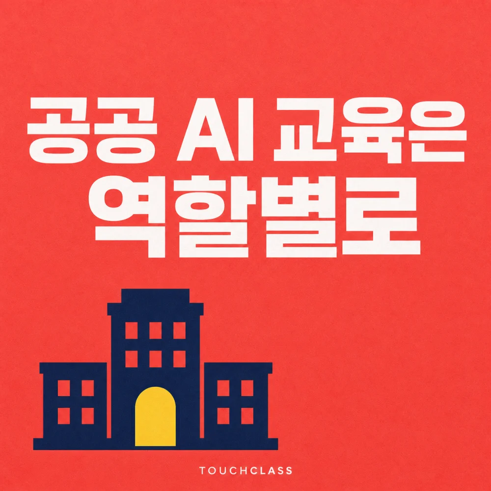 공공기관 건물 하나로 역할별 AI 교육의 필요성을 강조한 평면 포스터 — 공공부문 AI 교육 대표 이미지