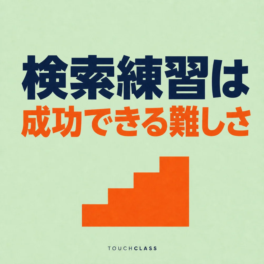 「検索練習は成功できる難しさ」という日本語見出しとオレンジ色の4段階段を配した検索練習のアイキャッチ画像