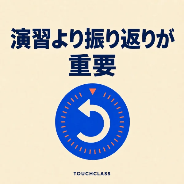 「演習より振り返りが重要」という見出しと、シミュレーション経験を振り返って次の行動へ変えるフラットな巻き戻しダイヤル一つを配したアイキャッチ画像