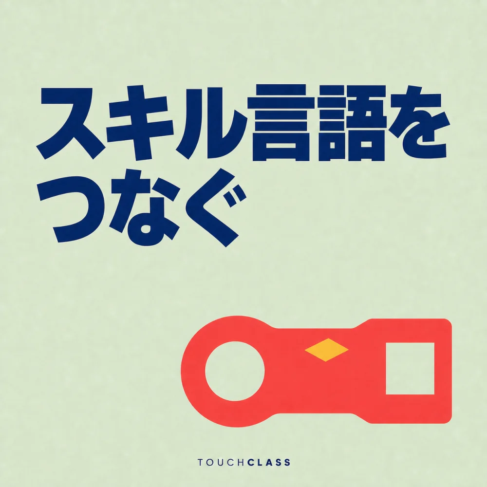 「スキル言語をつなぐ」という見出しと円形・四角形の接続部を一体化したフラットな変換カプラーを配したスキル分類の相互運用性のアイキャッチ画像