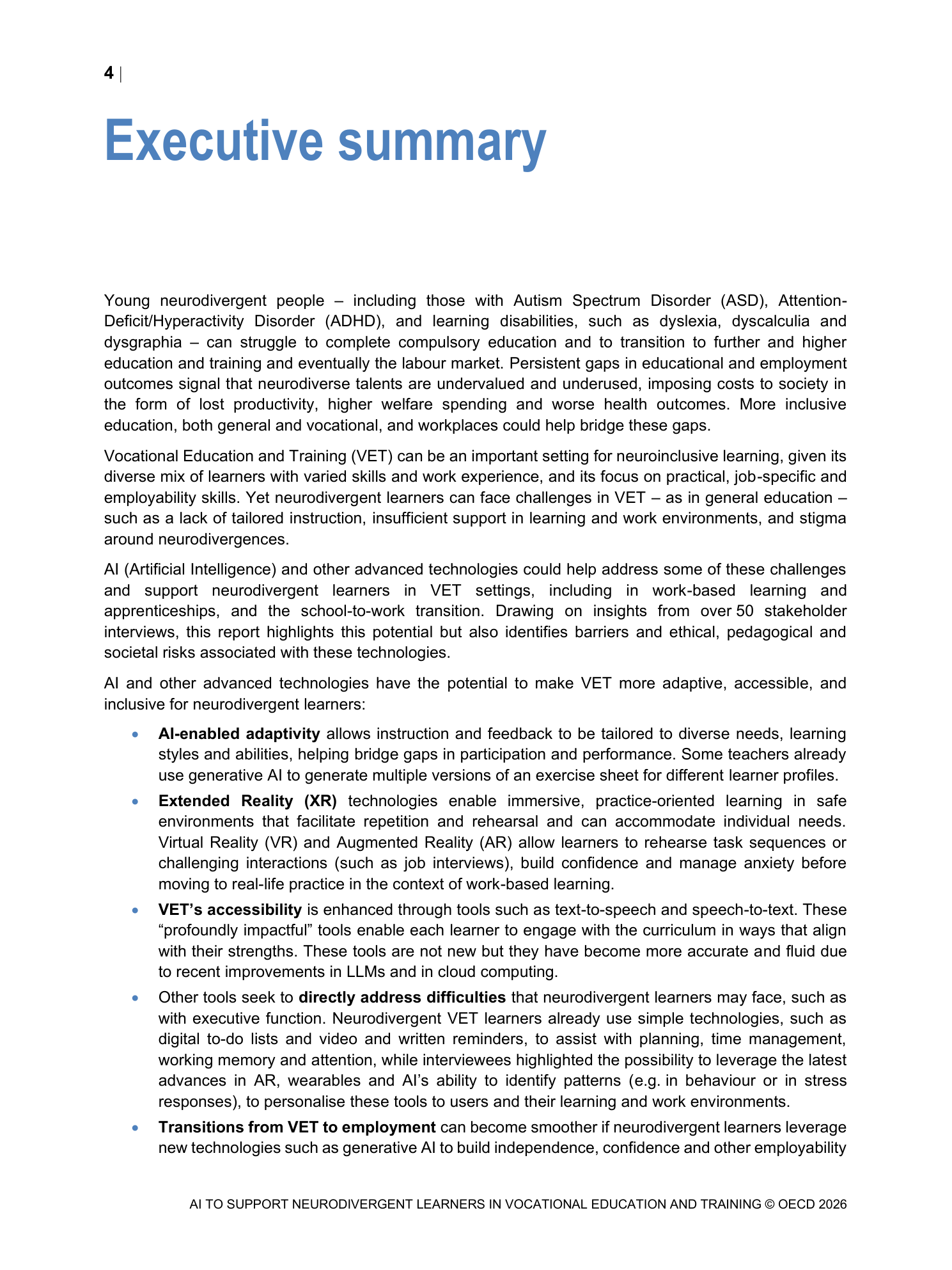 OECD AI to Support Neurodivergent Learners in VET: AI와 고급 기술이 제공할 수 있는 적응형·접근형 학습 지원 — 기업교육 접근성 근거 도표 — 포용적 기업교육 근거 도표