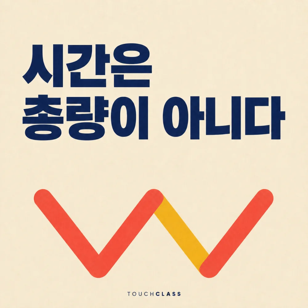 ‘시간은 총량이 아니다’라는 헤드라인과 지그재그로 접힌 평면 접이식 자 하나를 배치한 돌봄친화 학습경로 대표 이미지