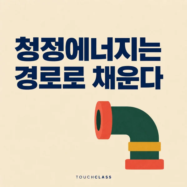 ‘청정에너지는 경로로 채운다’라는 헤드라인과 흐름의 방향을 바꾸는 평면 파이프 엘보 이음쇠를 배치한 청정에너지 인력전환 대표 이미지