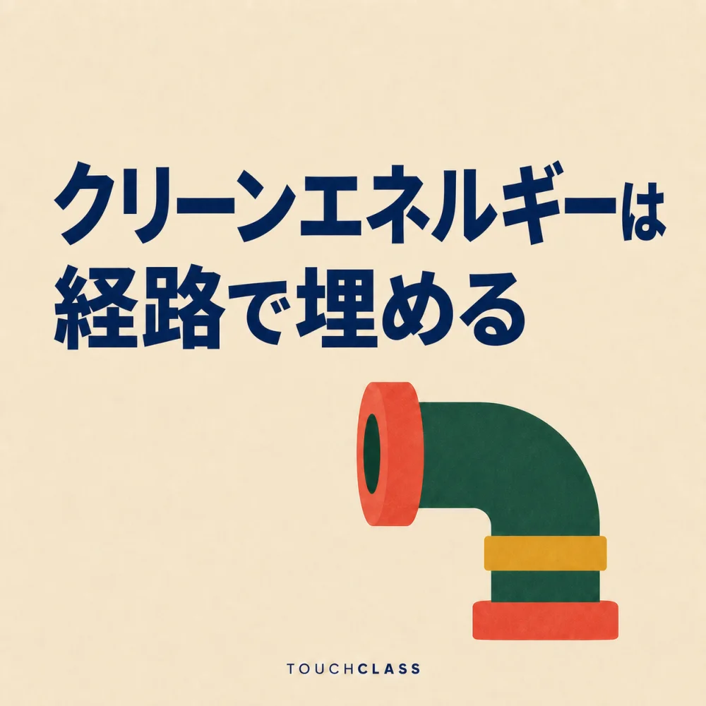 「クリーンエネルギーは経路で埋める」という見出しと、流れの向きを変えるフラットな配管エルボ継手を配したクリーンエネルギーの人材転換のアイキャッチ画像