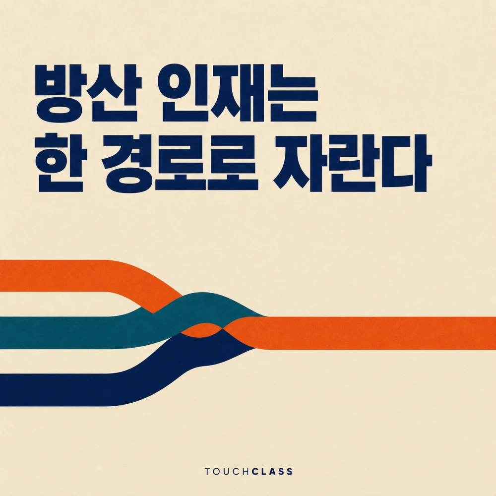 ‘방산 인재는 한 경로로 자란다’라는 헤드라인과 세 가닥이 하나로 꼬인 평면 밧줄을 배치한 방위산업 인재육성 대표 이미지