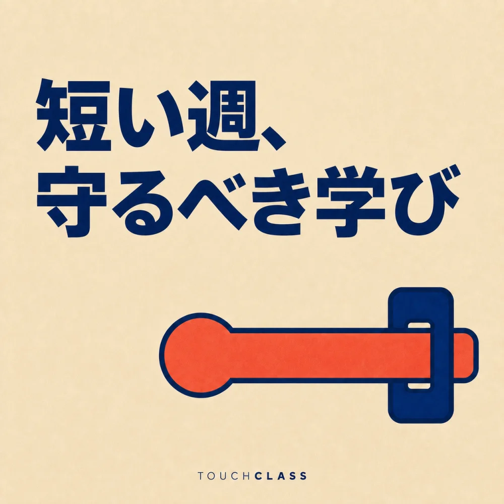 「短い週、守るべき学び」という見出しとねじスピンドルの付いたフラットなC字クランプ一つを配した週休3日制と学習時間のアイキャッチ画像