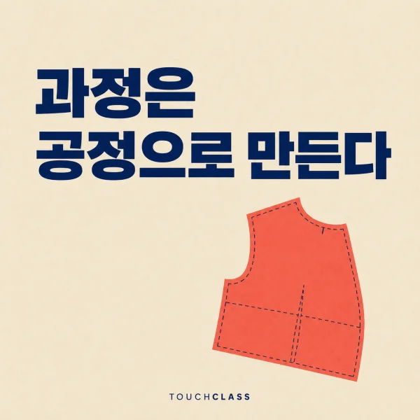 ‘과정은 공정으로 만든다’라는 헤드라인과 한 장의 평면 재봉 패턴을 배치한 사내 교수설계 역량 대표 이미지