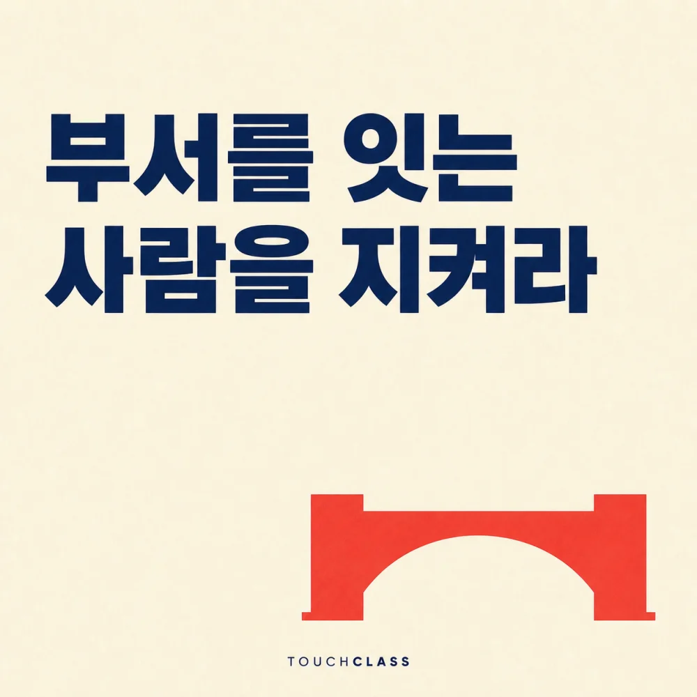 ‘부서를 잇는 사람을 지켜라’라는 헤드라인과 두 기슭을 잇는 평면 아치형 다리 하나를 배치한 학습 네트워크 브로커 대표 이미지