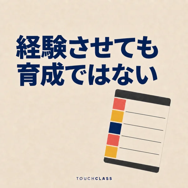 「経験させても育成ではない」という見出しと、枠ごとに番号が振られたフラットな作業順序表一枚を配した計画的OJT設計のアイキャッチ画像