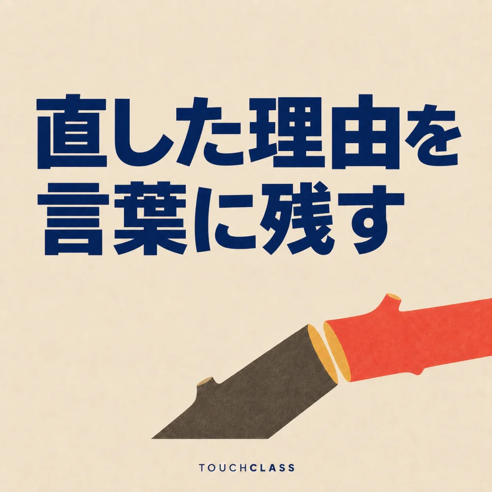 「直した理由を言葉に残す」という見出しと斜めの切断面で接ぎ合わされたフラットな接ぎ木の枝を配したAI徒弟学習のアイキャッチ画像