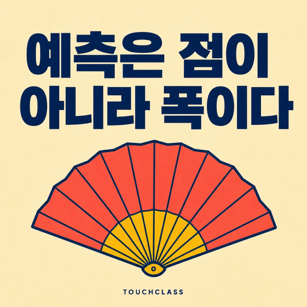 ‘예측은 점이 아니라 폭이다’라는 헤드라인과 아래 한 점에서 넓게 퍼지는 평면 부채 하나를 배치한 스킬 수요예측 오차범위 대표 이미지