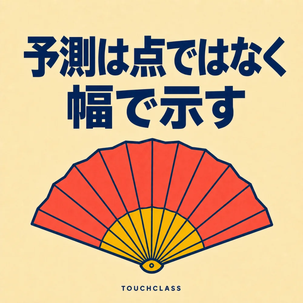「予測は点ではなく幅で示す」という見出しと、一点から広く開くフラットな扇一つを配したスキル需要予測の誤差範囲のアイキャッチ画像